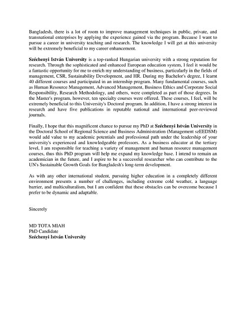 Sample statement of purpose for PhD scholarship for studying in Stipendium Hungaricum Scholarship